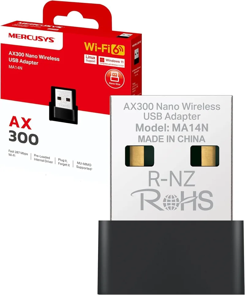 MERCUSYS ▫️ Adaptador Wi-Fi USB de tamanho nano MA14N 6 AX300 - até 287 Mbps, instalação sem controlador, compatível com Windows 11/10/7 e Linux