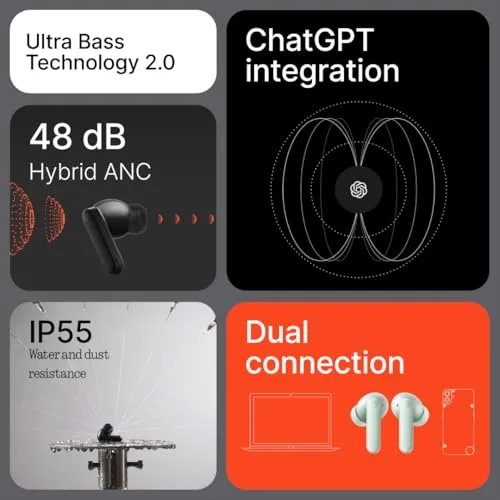 CMF BY NOTHING ▫️ Buds 2: Auscultadores sem fios com ANC híbrido de 48 dB, 55 horas de autonomia, driver PMI de 11 mm, 6 microfones HD e áudio espacial, resistência à água e ao pó IP55 – Cinza escuro 4