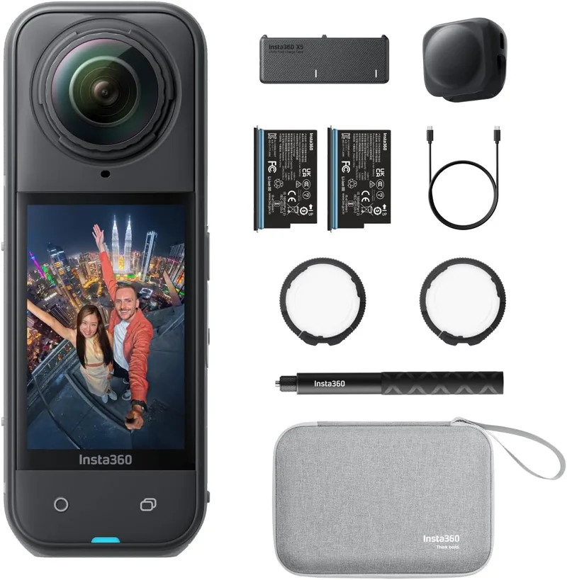 Insta360 ▫️ X5 Pacote Essencial - Câmara 8K 360º à prova de água, líder em condições de pouca luz, efeito «selfie stick invisível», lente rígida e substituível, bateria com autonomia de 3 horas, proteção contra o vento integrada, estabilização