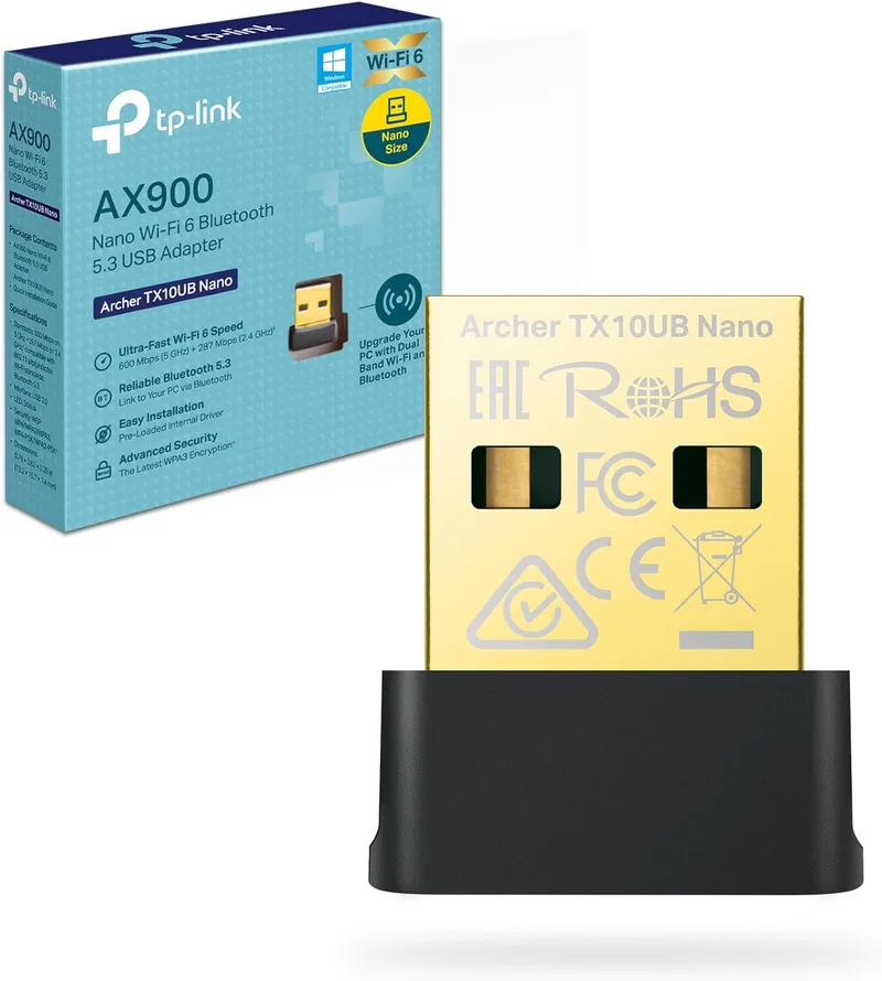 TP-Link ▫️ Adaptador Wi-Fi e Bluetooth Archer TX10UB Nano para PC, Stick WLAN Wi-Fi 6 AX900 de banda dupla, Bluetooth 5.3, tamanho Nano, WPA3, MU-MIMO, compatível apenas com Windows 11/10