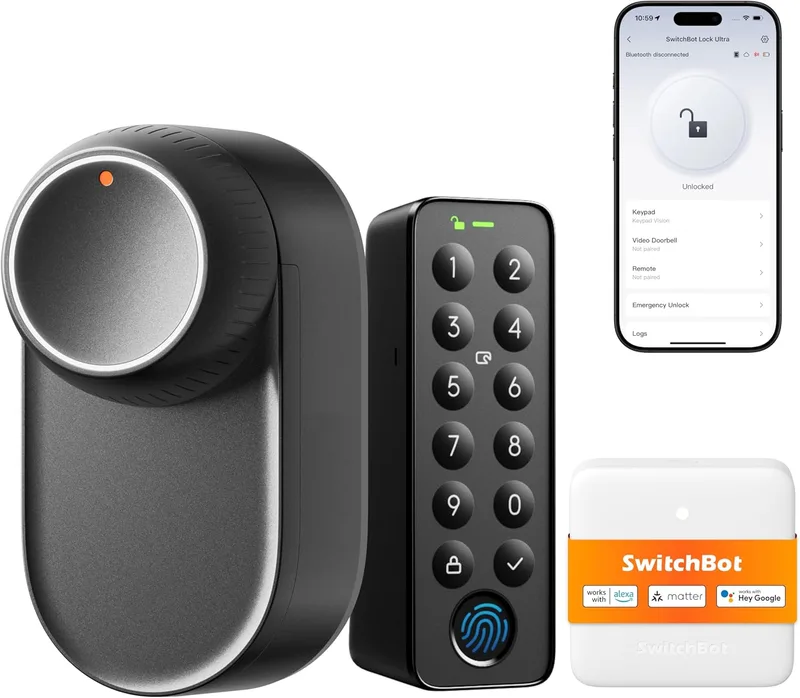 SwitchBot ▫️ Lock Ultra, Fechadura Inteligente Wi-Fi com Teclado Tátil, Leitor de Impressões Digitais, Fechadura Eletrónica com Bateria Recarregável, Compatível com Cilindro Europeu, Matter/Alexa/Google