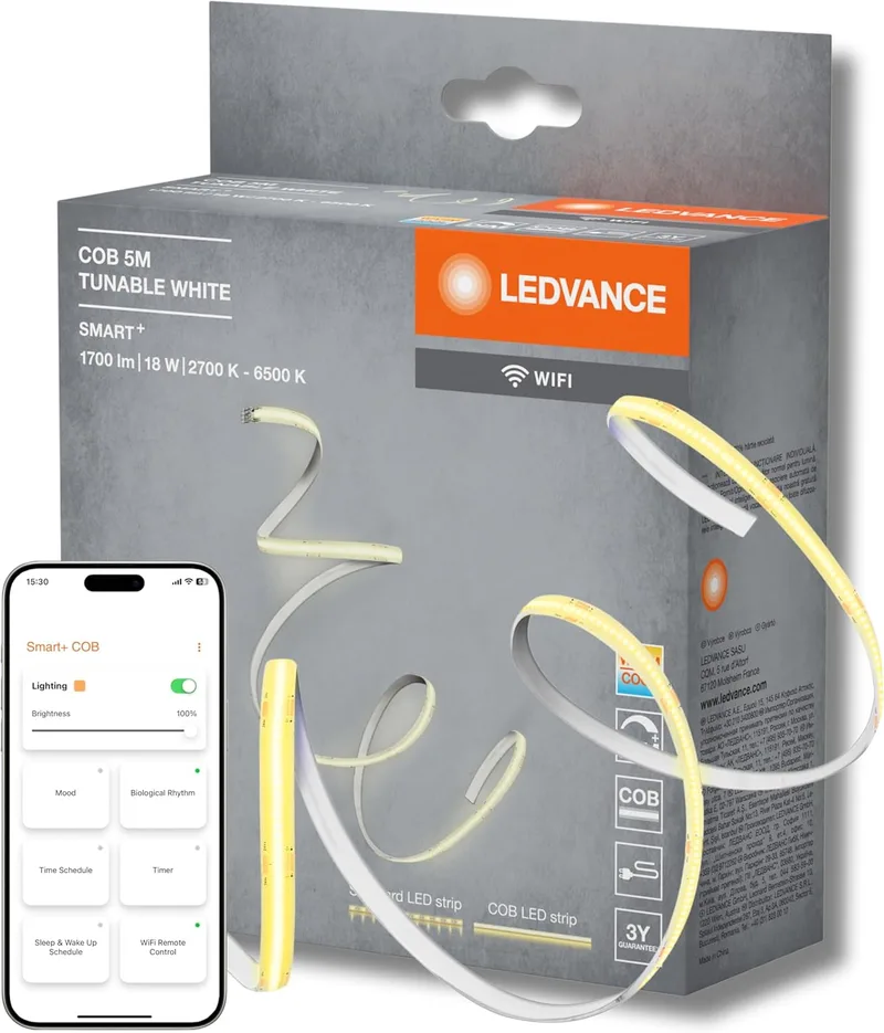 LEDVANCE ▫️ SMART WIFI COB tiras COB decorativas com branco; luz regulável e efeito de luz homogéneo; regulável; TW; amarelo; silicone; 5 m; lâmpadas não substituíveis