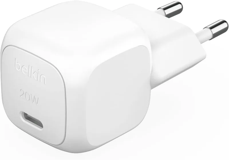 Carregador de parede compacto Belkin BoostCharge 20W USB-C, fornecimento de energia USB-C, carregador para Apple iPhone 17, iPhone Air, Samsung Galaxy S25, Pixel 10, iPad, AirPods e outros - Branco
