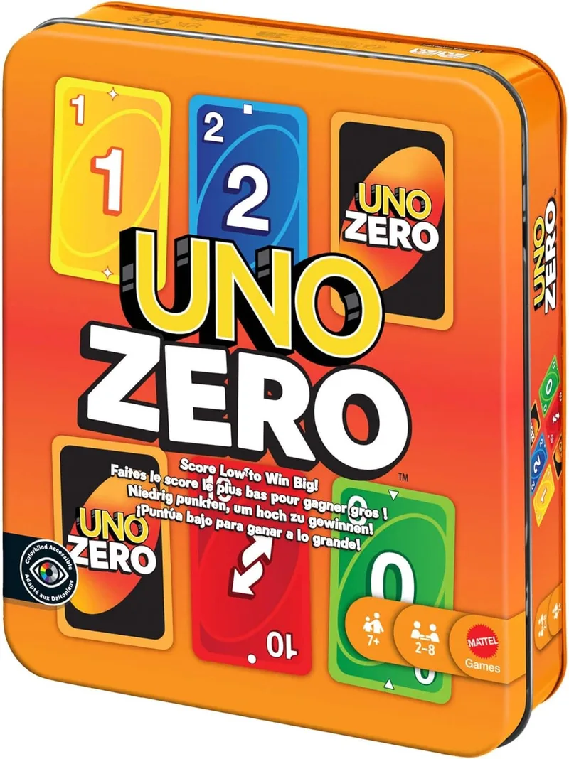 Mattel Games ▫️ UNO Zero Canister Card Game para guardar e transportar, para crianças, adultos, noites em família e festas, inclui baralho de cartas e cartão de pontuação, 2 a 8 jogadores, JLK16, laranja