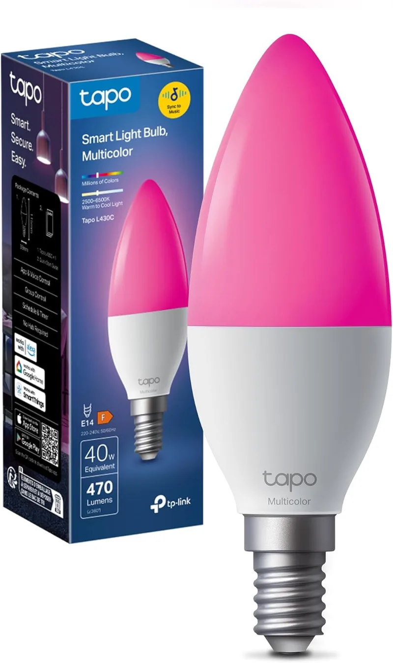 Tapo ▫️ Tampa de lâmpada com ligação Wi-Fi, lâmpada LED E14 multicolorida 2500K-6500K, regulável 40 W 470 lm, compatível com Alexa, controlo por voz, poupança de energia, L430C.