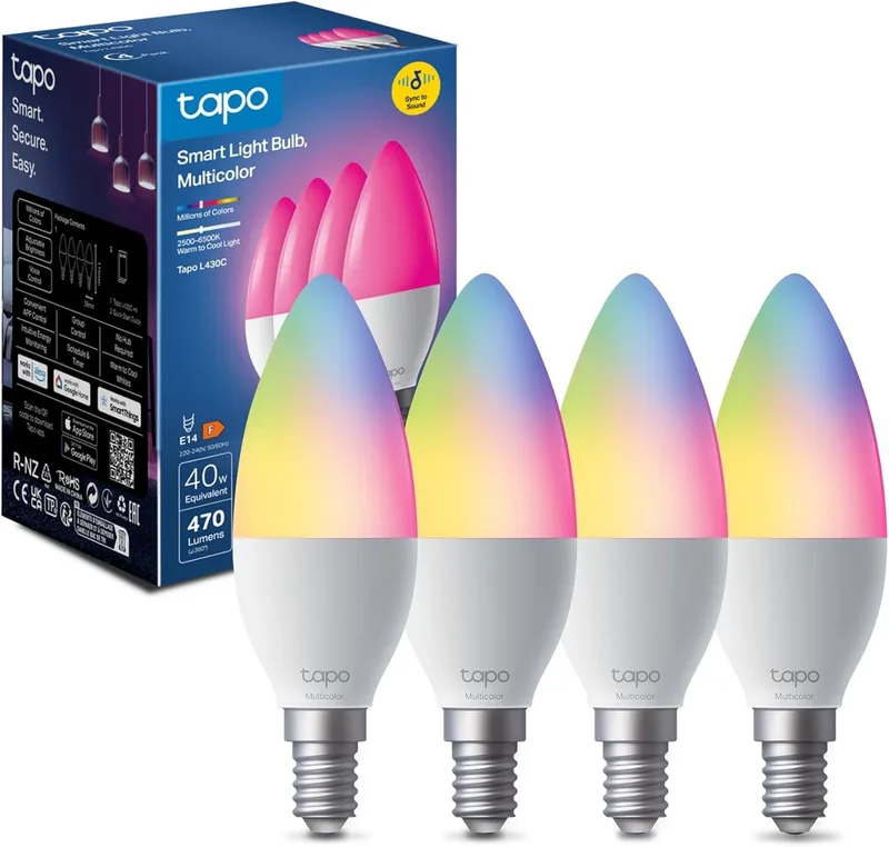 Tapo ▫️ L430C (embalagem de 4) - Lâmpada com ligação Wi-Fi, lâmpada LED E14, multicolorida 2500 K-6500 K, regulável até 40 W, 470 lúmenes, compatível com Alexa, controlo por voz, poupança de energia,