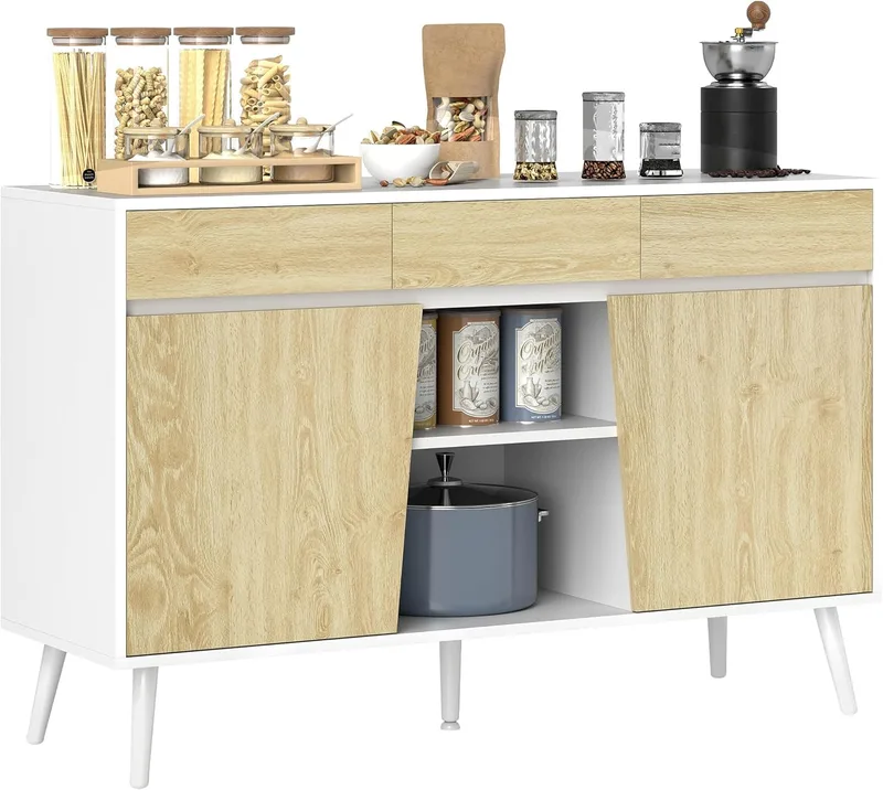 HOMCOM ▫️ Aparador de 2 portas para sala de estar Aparador com 3 gavetas e prateleiras Armário para TV para quarto e sala de estar 120x39x77 cm Branco e natural