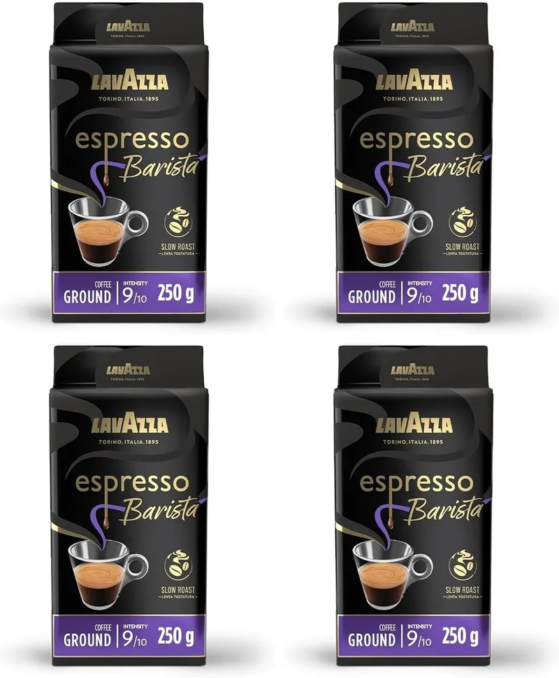 Lavazza ▫️ Espresso Barista Intenso, Café Moído Natural Torrado, Ideal para máquinas de café italianas, de filtro e francesas, com notas aromáticas de cacau e madeira, intensidade 9/10, torra média, 250 g
