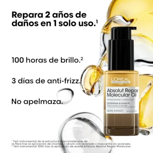 L'Oréal Professionnel Paris ▫️ L’Oréal Professionnel Óleo Bifásico Reparador, 100 Horas de Brilho, Antifrizz, Protetor Térmico, Sem Enxaguamento, para Cabelo Danificado, Absolut Repair Molecular 2