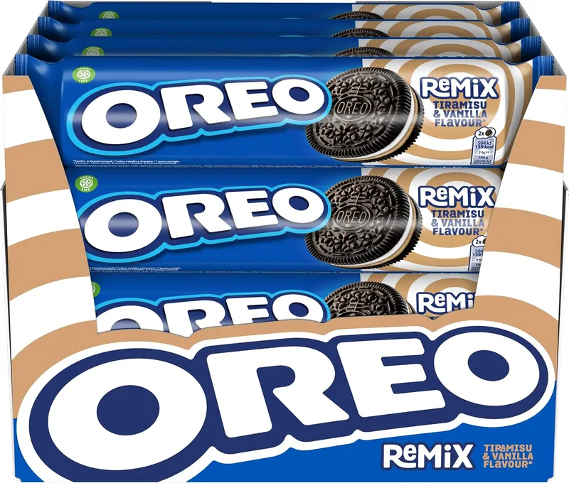 Oreo ▫️ Remix com sabor a baunilha e tiramisu – bolachas recheadas, embalagem de 16 x 157 g