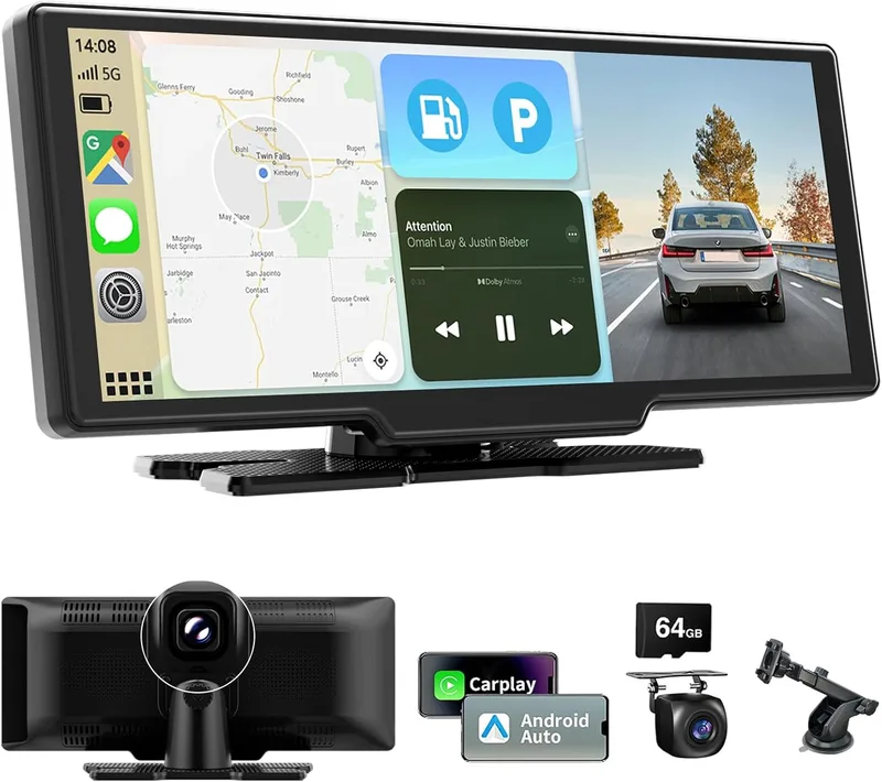 Tallflly ▫️ Ecrã de 10,26 polegadas para carro com CarPlay e Android Auto, rádio de carro com Bluetooth, câmara de bordo 4K, câmara traseira HD 1080p, FM, AUX, cartão TF de 64 G, Mirror Link, comando por voz e navegação GPS