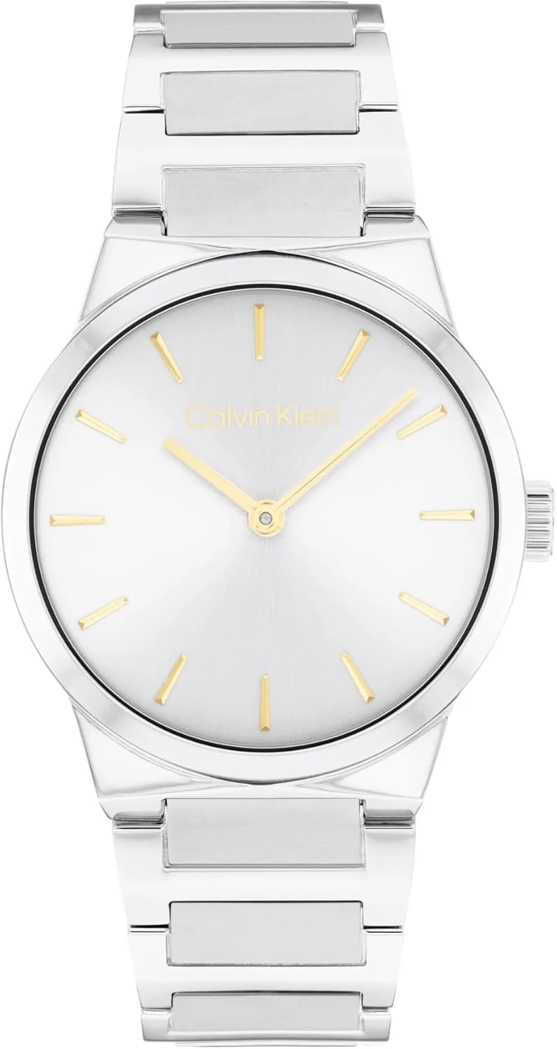 Calvin Klein ▫️ Relógio com movimento de quartzo e dois ponteiros para mulher, da coleção CK Linear Elegance, com bracelete bicolor em aço inoxidável - Disponível com mostrador verde, dourado ou prateado