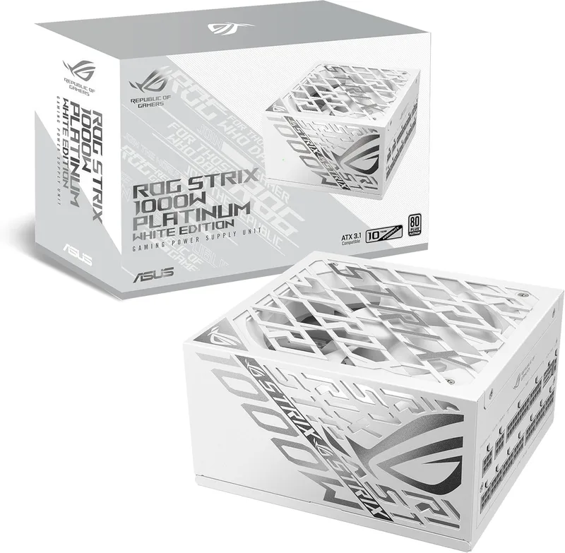 ASUS ▫️ ROG Strix 1000W Platinum White Edition, Fonte de Alimentação Modular ATX, 80 Plus Platinum, ATX 3.1, PCIE 5.1, Conector 12V-2x6, MOSFET GAN, Estabilizador de Voltagem "GPU-First