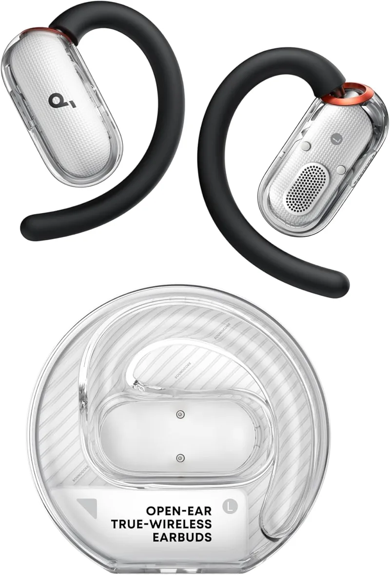 Soundcore ▫️ V40i da Anker – Auscultadores de ouvido aberto, IP55, 21 h | Design cristalino, estojo sem tampa, 4 posições ajustáveis, graves mais ricos e chamadas nítidas com IA