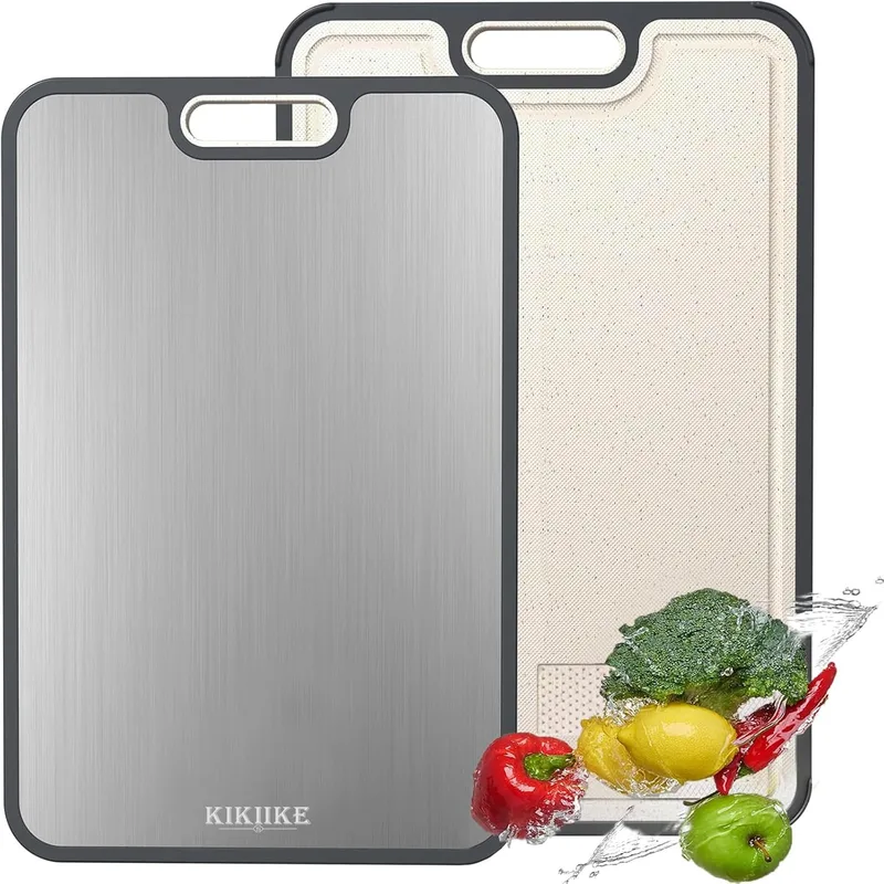 KIKIIKE ▫️ Tábua de cortar de titânio de dupla face para cozinha, em titânio puro e palha de trigo, tábua de cortar em metal PP, antiderrapante, resistente e fácil de limpar (grande)
