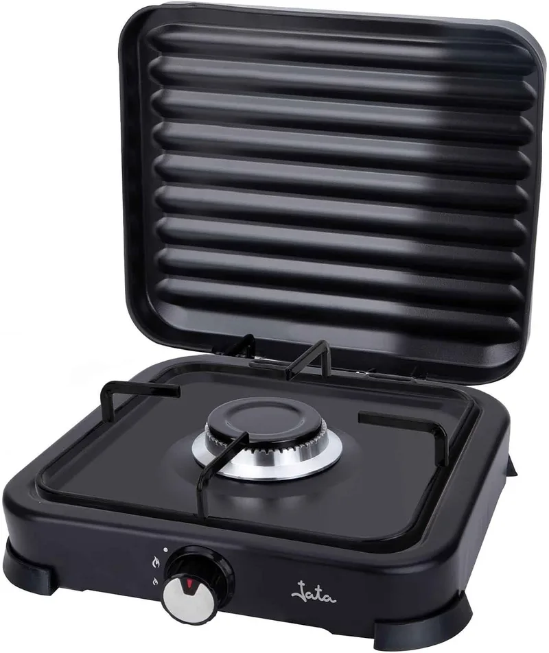 Jata ▫️ JECG2721 - Fogão a gás portátil de 1 queimador com grelhador. Adequado para butano e propano. Com tampa de proteção amovível. Ideal para campismo. Ocupa pouco espaço