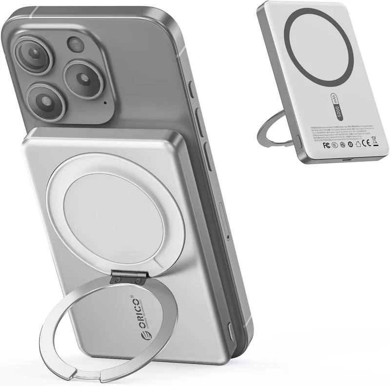 ORICO ▫️ Kada Bateria externa MagSafe 5000mAh, ultrafina com suporte dobrável, carregamento rápido 20W PD, compatível com iPhone 17/16/15/14/13/12 Pro/MAX/Plus/Mini, prateado - KD5S