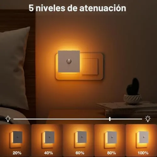 Feliigo ▫️ Luz Noturna com Sensor de Movimento, Conjunto de 2 Peças de Luz Noturna Infantil com Ficha Regulável e 3 Modos, Brilho Ajustável para Quarto de Crianças, Casa de Banho, Corredor, Cozinha e Escadas 5