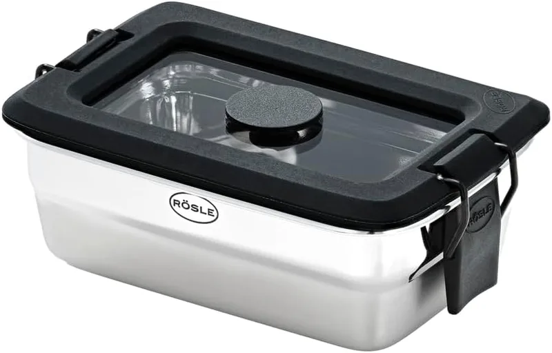 RÖSLE ▫️ FLEXX 2GO - Conjunto de snacks (0,25 L, retangular, com tampa de vidro e clipes, aço inoxidável), cor prata e preto