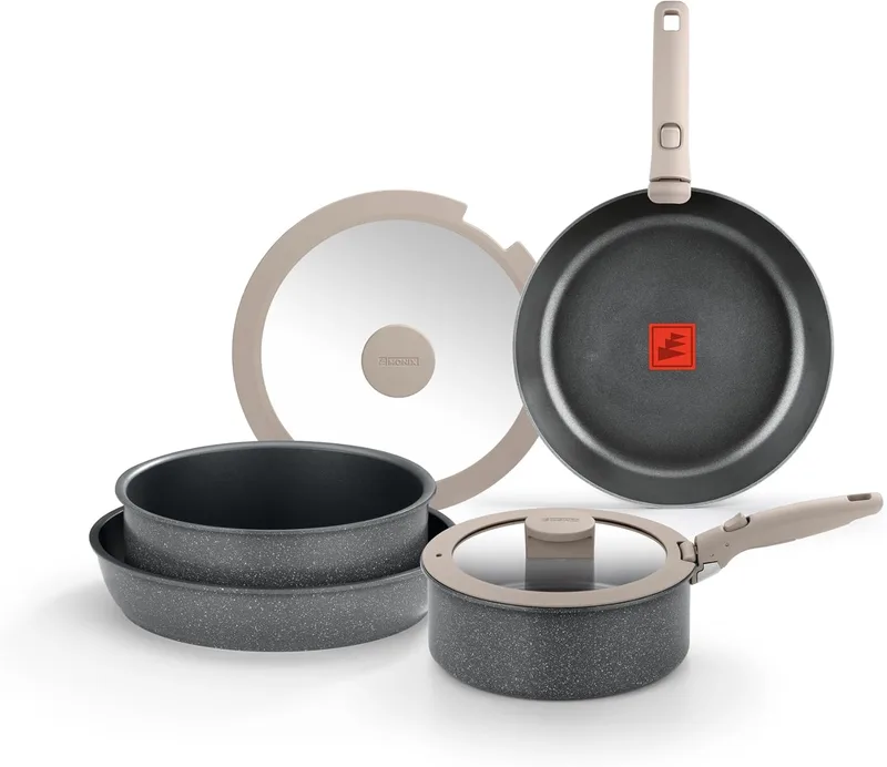 Monix ▫️ One Click Pietra : Trem de cozinha de 8 peças, Alumínio forjado com revestimento antiaderente, sem PFOA, Pega amovível, Adequado para todos os tipos de fogões, incluindo de indução, Empilhável para poupar espaço