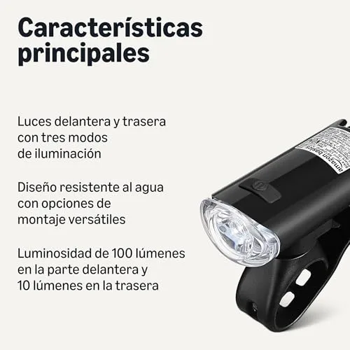 Amazon Basics ▫️ Conjunto de luzes LED para bicicleta com farol de 100 lúmenes e luz traseira de 10 lúmenes - Luzes de bicicleta à prova de água com 3 modos e suportes - Pilhas incluídas - Preto e vermelho 2