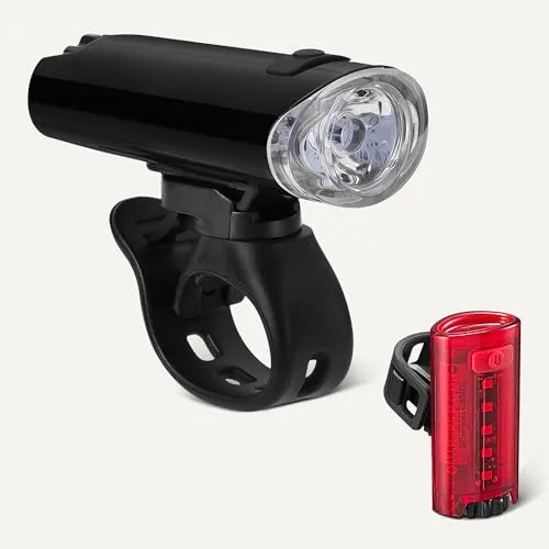 Amazon Basics ▫️ Conjunto de luzes LED para bicicleta com farol de 100 lúmenes e luz traseira de 10 lúmenes - Luzes de bicicleta à prova de água com 3 modos e suportes - Pilhas incluídas - Preto e vermelho 5