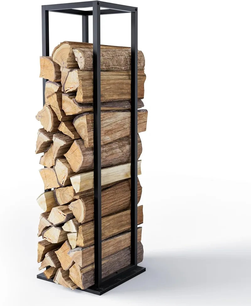 VOUNOT ▫️ ® Suporte vertical de madeira com estrutura metálica 33 x 33 x 112 cm, porta-lenha com prateleira, prateleira para lenha de lareira para interior e exterior, preto