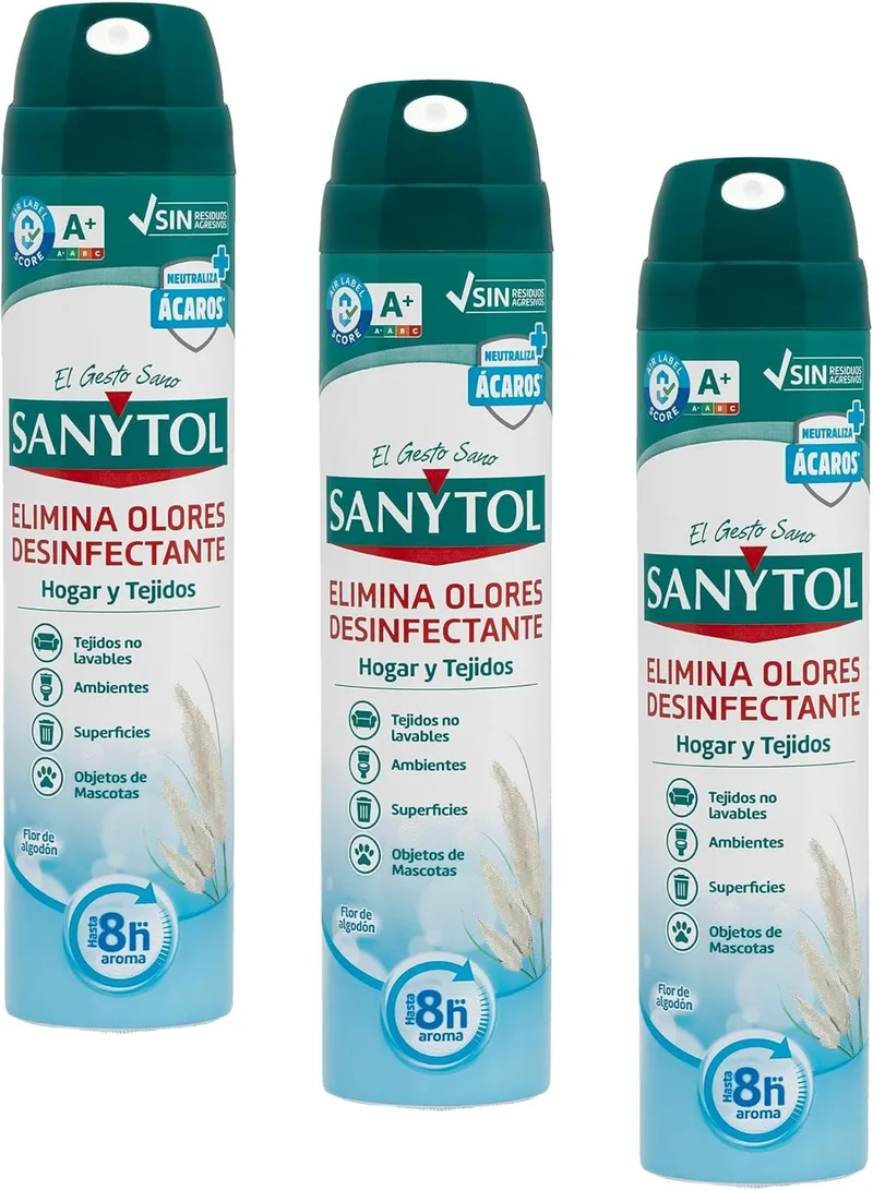 Sanytol ▫️ Desodorizante desinfetante para o lar e tecidos, em spray, frasco de 300 ml (Embalagem de 3)