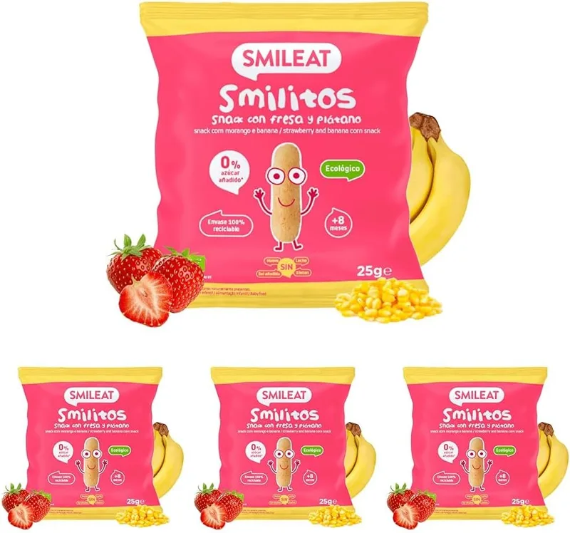 Smileat ▫️ Sacos de Smilitos Biológicos para Crianças com sabor a Morango e Banana | Snacks Saudáveis para Crianças | Snack de Milho Saudável | Alternativa de Snack Saudável para Crianças | 1 saco de 25 g