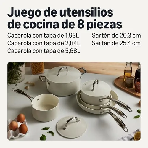Amazon Basics ▫️ Conjunto de panelas antiaderentes de cerâmica conjunto de 8 peças de panelas e frigideiras, adequadas para a máquina de lavar louça e para o forno, compatíveis com todos os tipos de fogões, cinzento linho 2