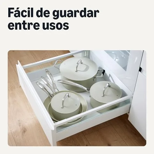 Amazon Basics ▫️ Conjunto de panelas antiaderentes de cerâmica conjunto de 8 peças de panelas e frigideiras, adequadas para a máquina de lavar louça e para o forno, compatíveis com todos os tipos de fogões, cinzento linho 5