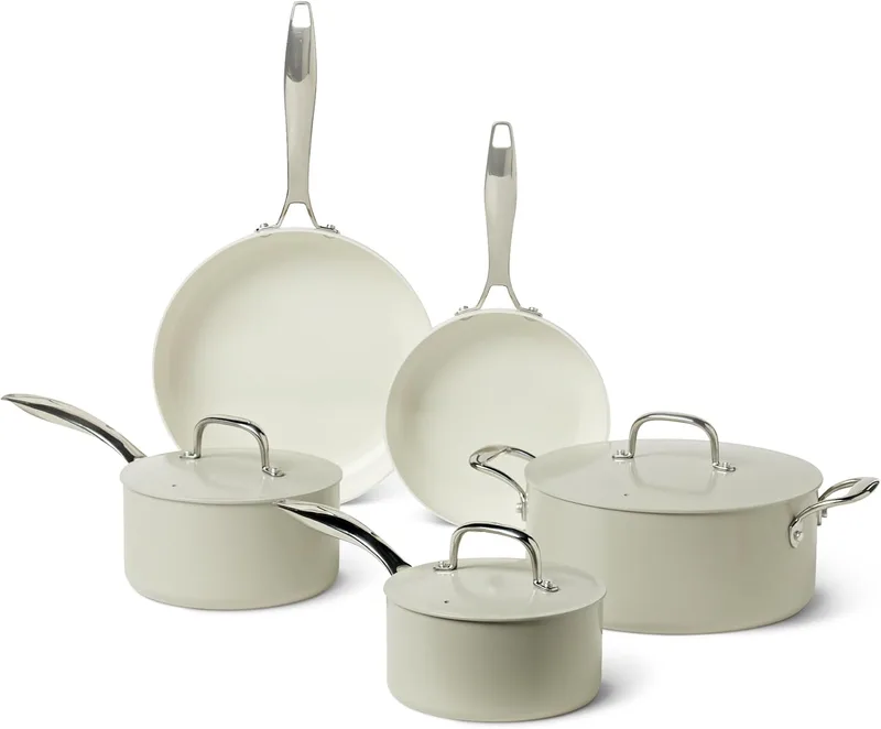 Amazon Basics ▫️ Conjunto de panelas antiaderentes de cerâmica conjunto de 8 peças de panelas e frigideiras, adequadas para a máquina de lavar louça e para o forno, compatíveis com todos os tipos de fogões, cinzento linho