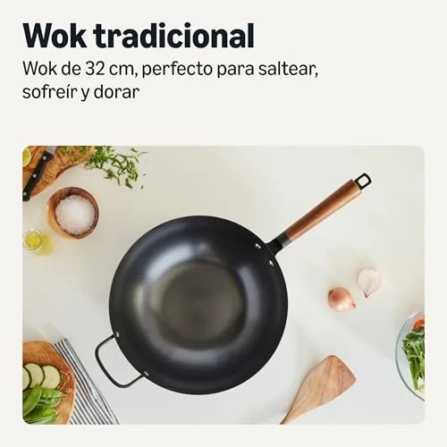 Amazon Basics ▫️ Wok em aço ao carbono pré-temperado com pega em madeira de acácia, compatível com todos os tipos de fogões, 32,0 cm 2