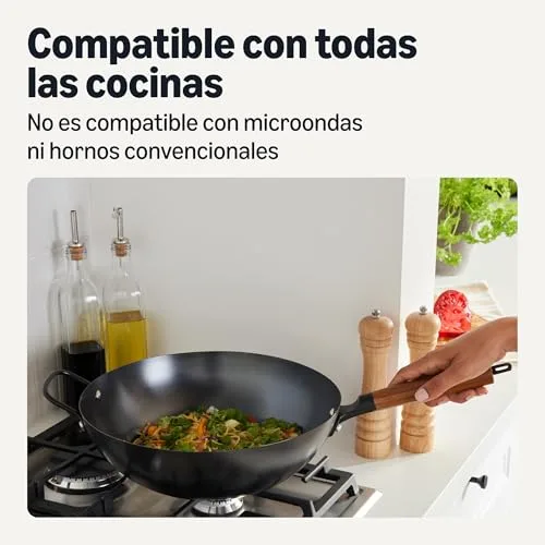 Amazon Basics ▫️ Wok em aço ao carbono pré-temperado com pega em madeira de acácia, compatível com todos os tipos de fogões, 32,0 cm 3