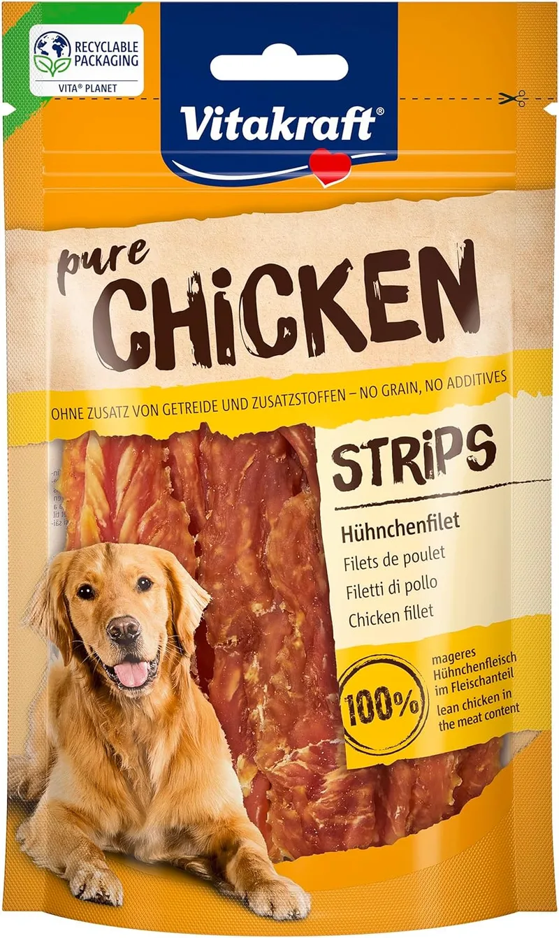 Vitakraft ▫️ Pure Chicken Strips, guloseimas para cães, filete de frango, guloseimas de treino para cães, sem adição de açúcar ou cereais (1x 80g)