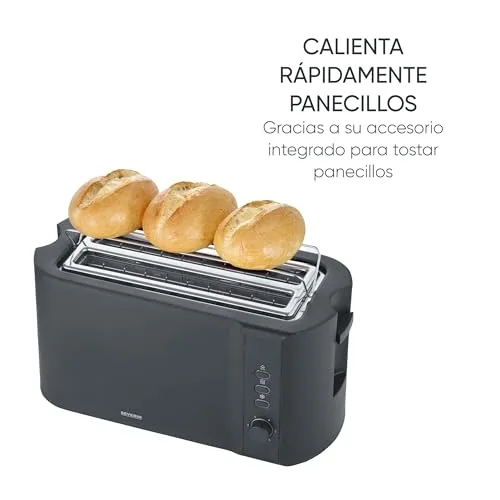 Severin ▫️ Torradeira com ranhuras largas, 4 fatias com acessório integrado para pãezinhos, 2 ranhuras largas para torrar, níveis de aquecimento ajustáveis, 1 400 W, preto mate, AT 2591 4