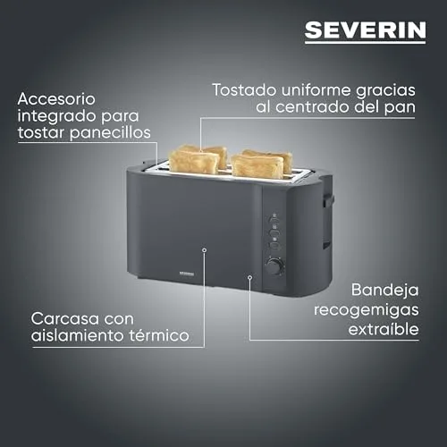 Severin ▫️ Torradeira com ranhuras largas, 4 fatias com acessório integrado para pãezinhos, 2 ranhuras largas para torrar, níveis de aquecimento ajustáveis, 1 400 W, preto mate, AT 2591 6