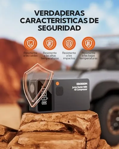 EBOSSOM ▫️ Arrancador de baterias para automóveis, booster para automóveis com compressor de ar portátil 7 em 1, arrancador de bateria com inflador para veículos de 12 000 mAh, kit de emergência para condutores com lanterna LED 5