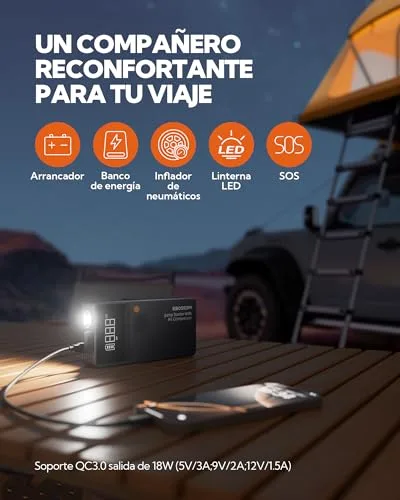 EBOSSOM ▫️ Arrancador de baterias para automóveis, booster para automóveis com compressor de ar portátil 7 em 1, arrancador de bateria com inflador para veículos de 12 000 mAh, kit de emergência para condutores com lanterna LED 6