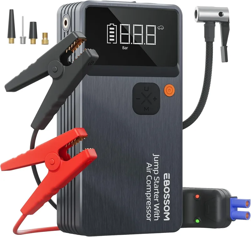 EBOSSOM ▫️ Arrancador de baterias para automóveis, booster para automóveis com compressor de ar portátil 7 em 1, arrancador de bateria com inflador para veículos de 12 000 mAh, kit de emergência para condutores com lanterna LED