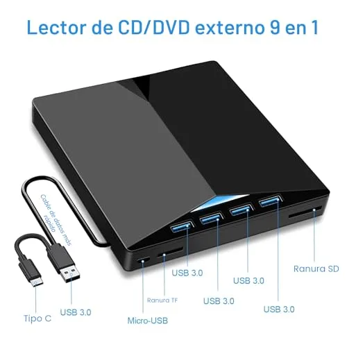 Dictien ▫️ Leitor de CD externo para PC, gravador de DVD externo superfino, unidades USB 3.0 e USB-C portáteis -RW/ROM, fiáveis para portáteis, computadores de secretária, Windows XP/7/8/10/11/Vista/Linux/macOS 2