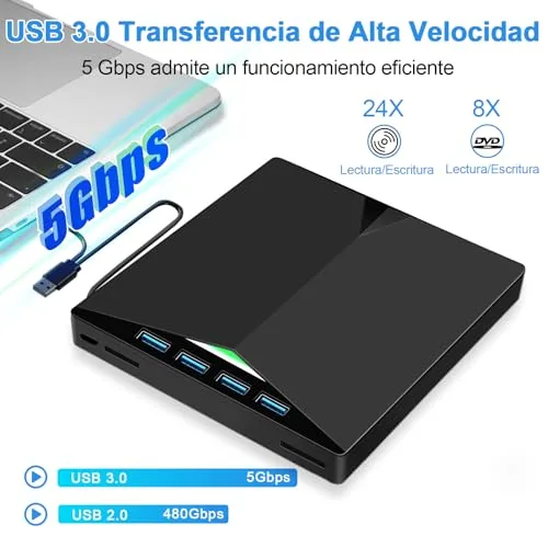 Dictien ▫️ Leitor de CD externo para PC, gravador de DVD externo superfino, unidades USB 3.0 e USB-C portáteis -RW/ROM, fiáveis para portáteis, computadores de secretária, Windows XP/7/8/10/11/Vista/Linux/macOS 3