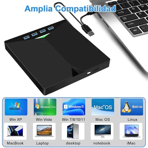 Dictien ▫️ Leitor de CD externo para PC, gravador de DVD externo superfino, unidades USB 3.0 e USB-C portáteis -RW/ROM, fiáveis para portáteis, computadores de secretária, Windows XP/7/8/10/11/Vista/Linux/macOS 5