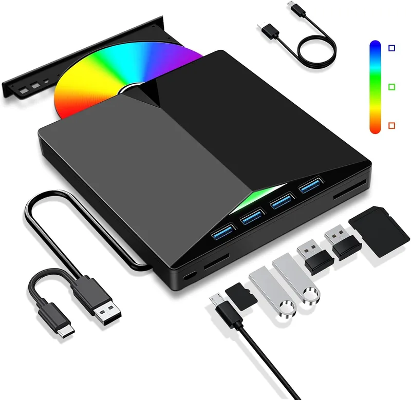 Dictien ▫️ Leitor de CD externo para PC, gravador de DVD externo superfino, unidades USB 3.0 e USB-C portáteis -RW/ROM, fiáveis para portáteis, computadores de secretária, Windows XP/7/8/10/11/Vista/Linux/macOS