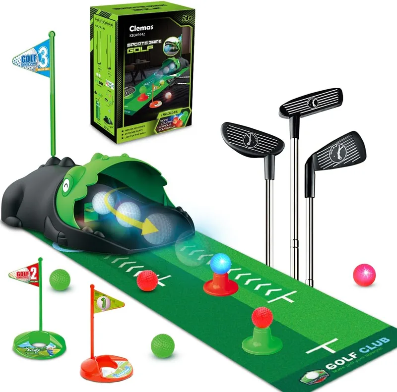 Clemas ▫️ Conjunto de golfe para crianças com devolução automática de bolas de dinossauro, bolas de golfe iluminadas por LED, 3 tacos, jogos de golfe para raparigas dos 3 aos 8 anos, brinquedos desportivos para interior e exterior