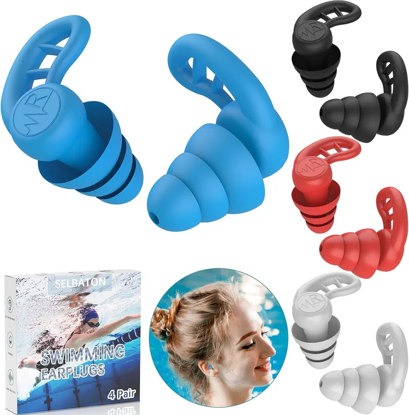 SELBATON ▫️ Tampões para os ouvidos para natação para adultos, 4 pares de tampões de silicone reutilizáveis e impermeáveis para natação, surf, duche e piscina (Preto, Azul, Vermelho, Branco)
