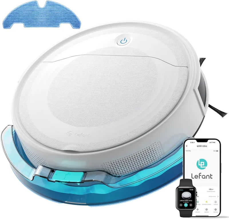 Lefant ▫️ M310 Ultra 3-in-1 Robot Vacuum & Floor Mopper com sucção de 6000Pa, 170 min, mapeamento a laser ToF, prevenção de obstáculos PSD de 190°, reconhecimento de tapetes, WiFi/App/Alexa, branco