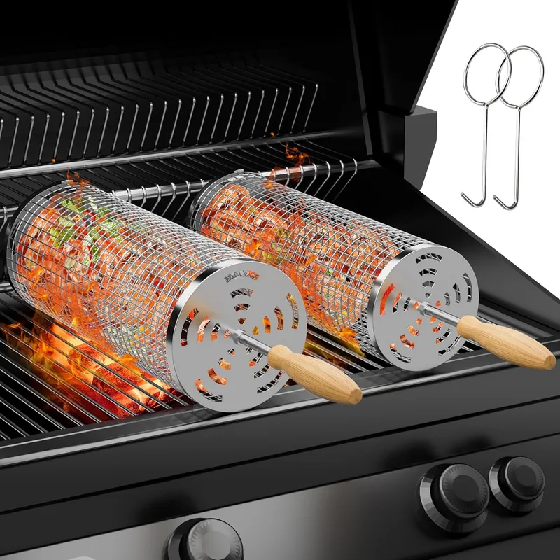 JUAUO ▫️ Cesto para grelhados para churrasco (2 peças), cabo de madeira amovível, aço inoxidável 304 - Acessórios para churrasco para legumes, carne e marisco ao ar livre - Prendas de aniversário para homens e maridos