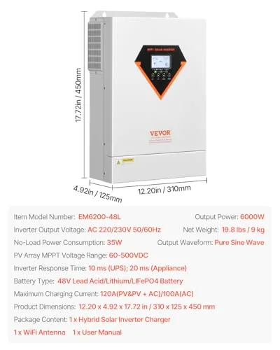 VEVOR ▫️ Inversor solar híbrido de 6000 W, carregador e inversor de energia com onda sinusoidal pura «tudo em um», com controlador solar MPPT de 120 A integrado, para sistema fora da rede com bateria 7