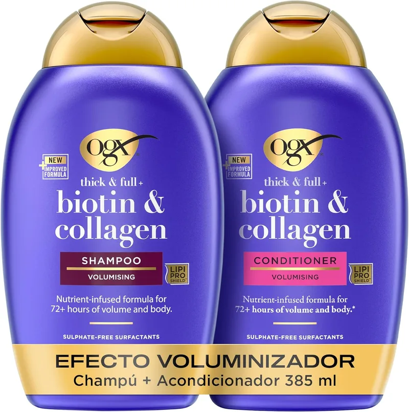 OGX ▫️ Set Biotin & Collagen Thick & Full+ Shampoo e Condicionador, conjunto de champô e condicionador com Biotina e Colagénio, texturizador do cabelo para 72h de volume, sem sulfatos, 2x385 ml